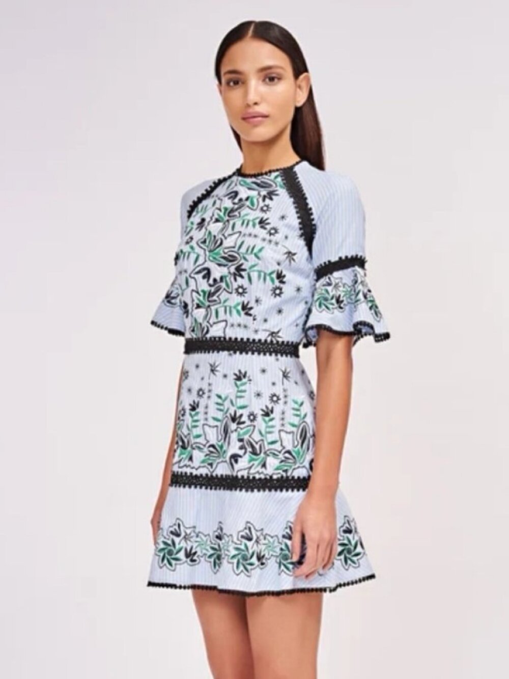 AMUR Logan Embroidered Pom Pom Trim Mini Dress Blue Floral Striped